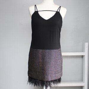 GREYLIN Black & Gold Czar Feather Trim Tweed Mini Party Dress Size XS